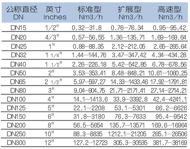 壓縮空氣熱式氣體質量流量計流量范圍表