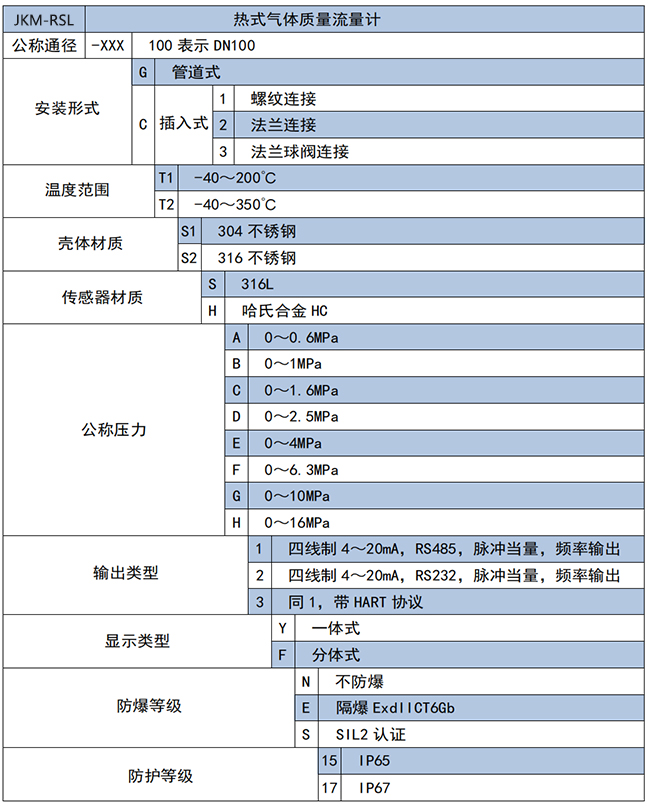 插入式熱式氣體質量流量計選項表